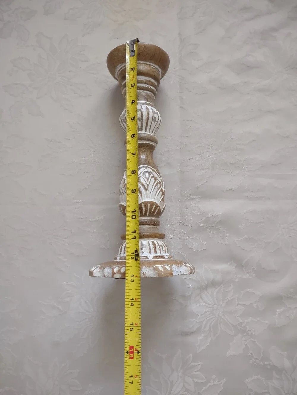 Tall Brushed White Wooden Candle Holder Pillar Etched Carved Distressed